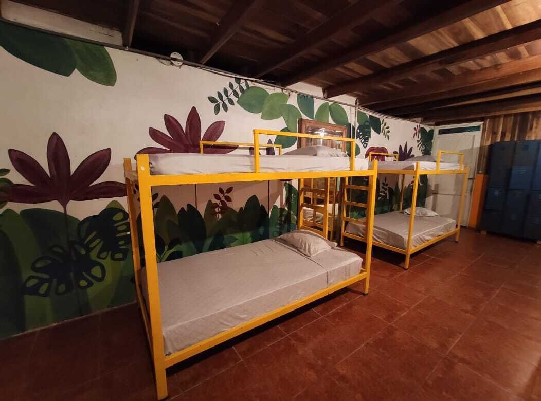 A room with bunk beds, a mural with plant designs, and a tiled floor.