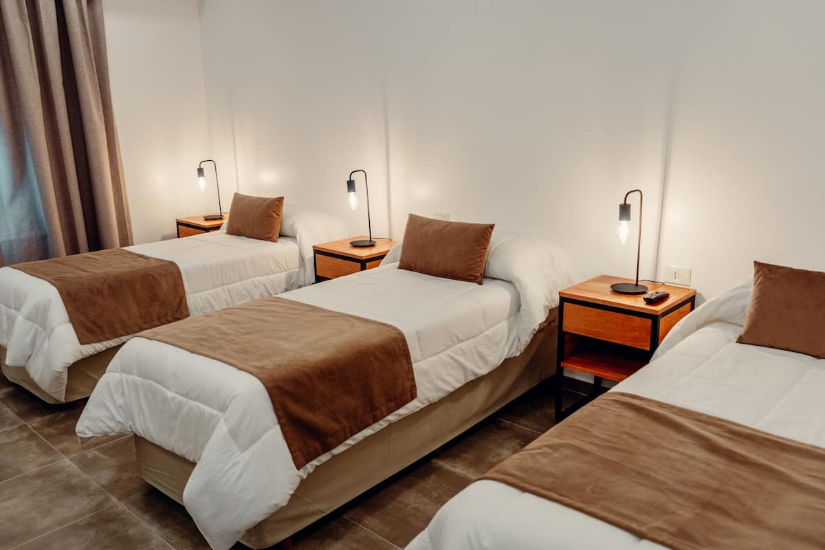 A hotel room with three single beds, each with a brown blanket and white bedding. There are bedside tables with lamps and a power outlet.