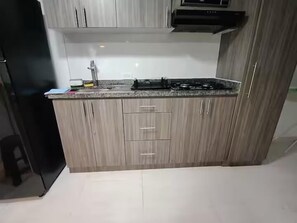 Réfrigérateur, micro-ondes, plaque de cuisson, cafetière/bouilloire