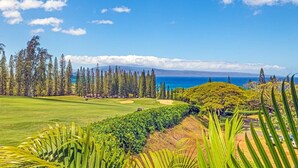 Ein Golfplatz mit Blick auf das Meer und Bäume.