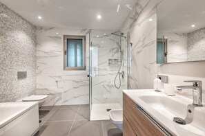 Shower, hair dryer, towels