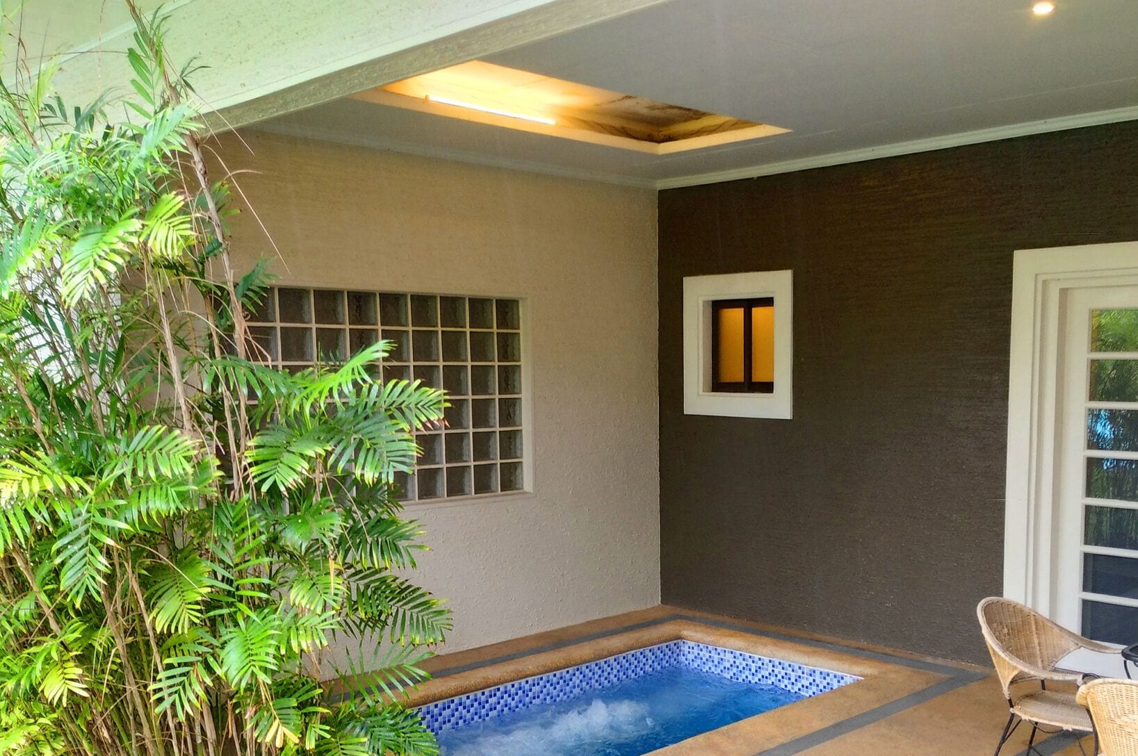 A spa area with a hot tub, a potted plant, and a window with blinds.