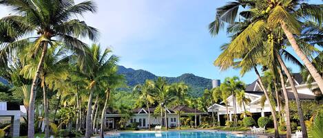A resort pool surrounded by palm trees and houses with a mountain in the background.