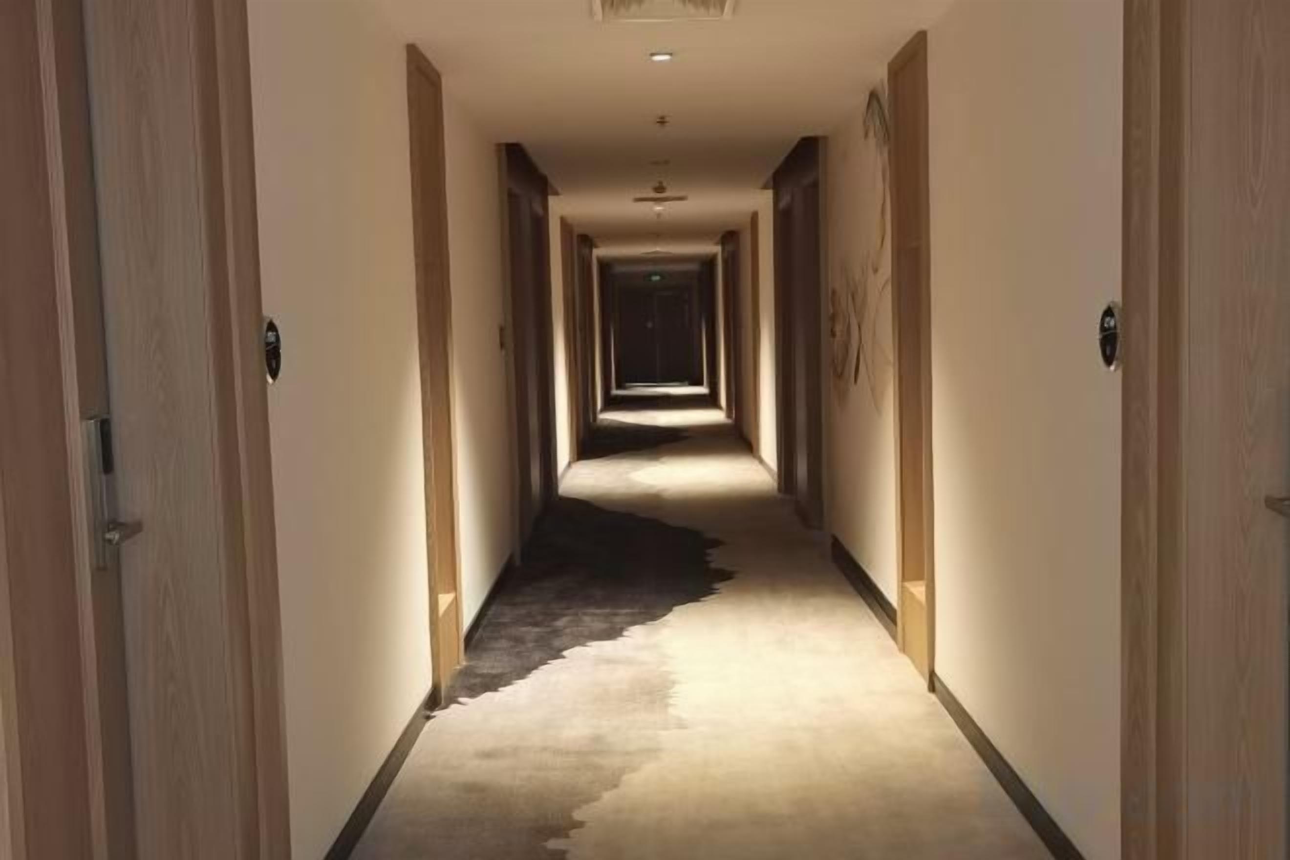 Un pasillo de hotel con puertas a ambos lados, piso cubierto de alfombra y una fuente de luz al final del corredor.