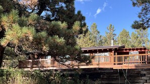 A cabin with a wooden deck and a stone foundation, surrounded by pine trees. - Cozy cabin in the woods. 12 min from the Angel Fire ski resort; 6 to golf course (Angel Fire)