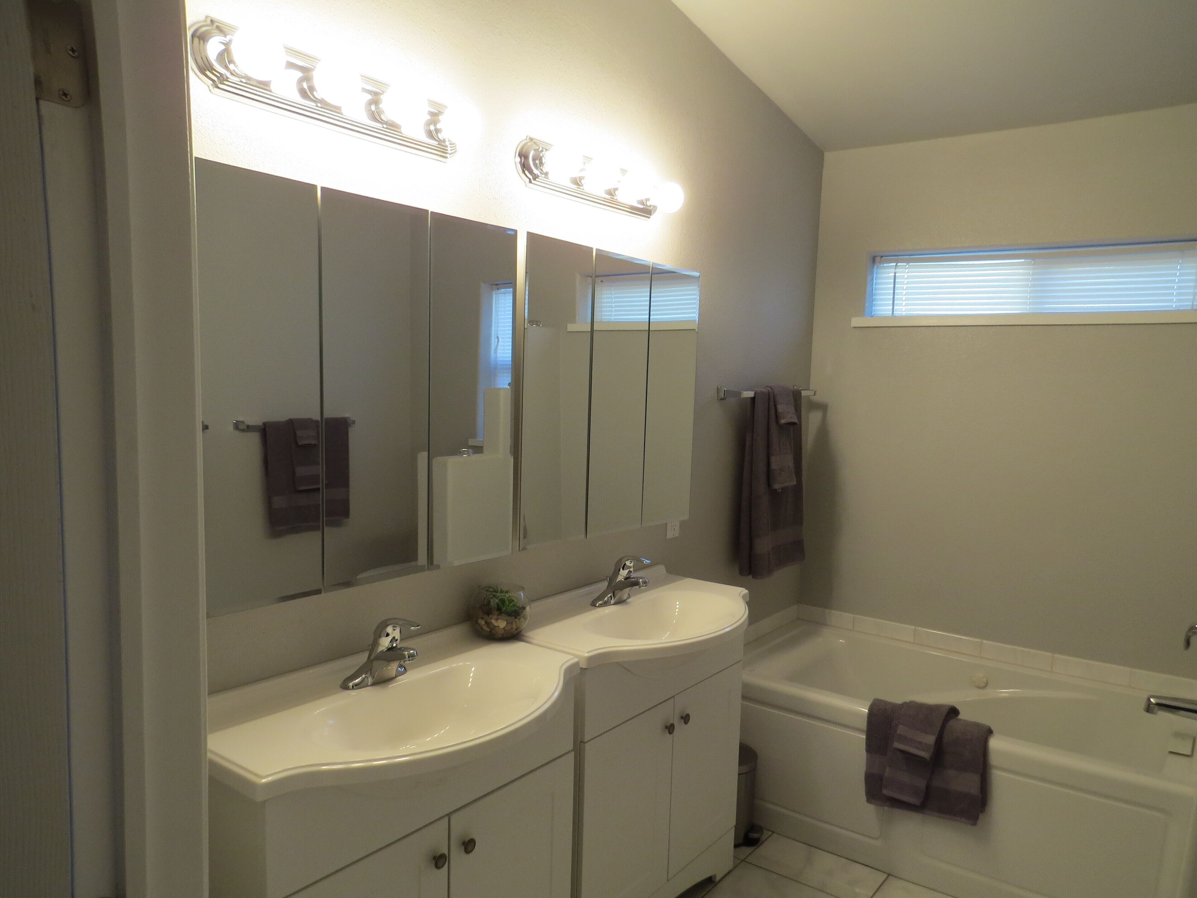 Combined shower/bathtub, jetted bath, hair dryer, towels