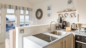 A modern kitchen with a large window, a built-in stove, and a dishwasher. - Driftwood Beach Cabin (Hele Bay, Ilfracombe)