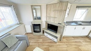 Een compacte leefruimte met een bank, een flatscreen-tv, een open haard en een kitchenette.