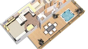 A 3D floor plan of a hotel with multiple rooms, a swimming pool, and a deck area.