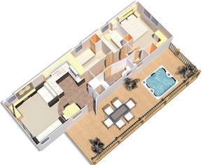 Ein 3D-Grundriss eines Hotels mit mehreren Zimmern, einem Pool und einer Sonnenterrasse.