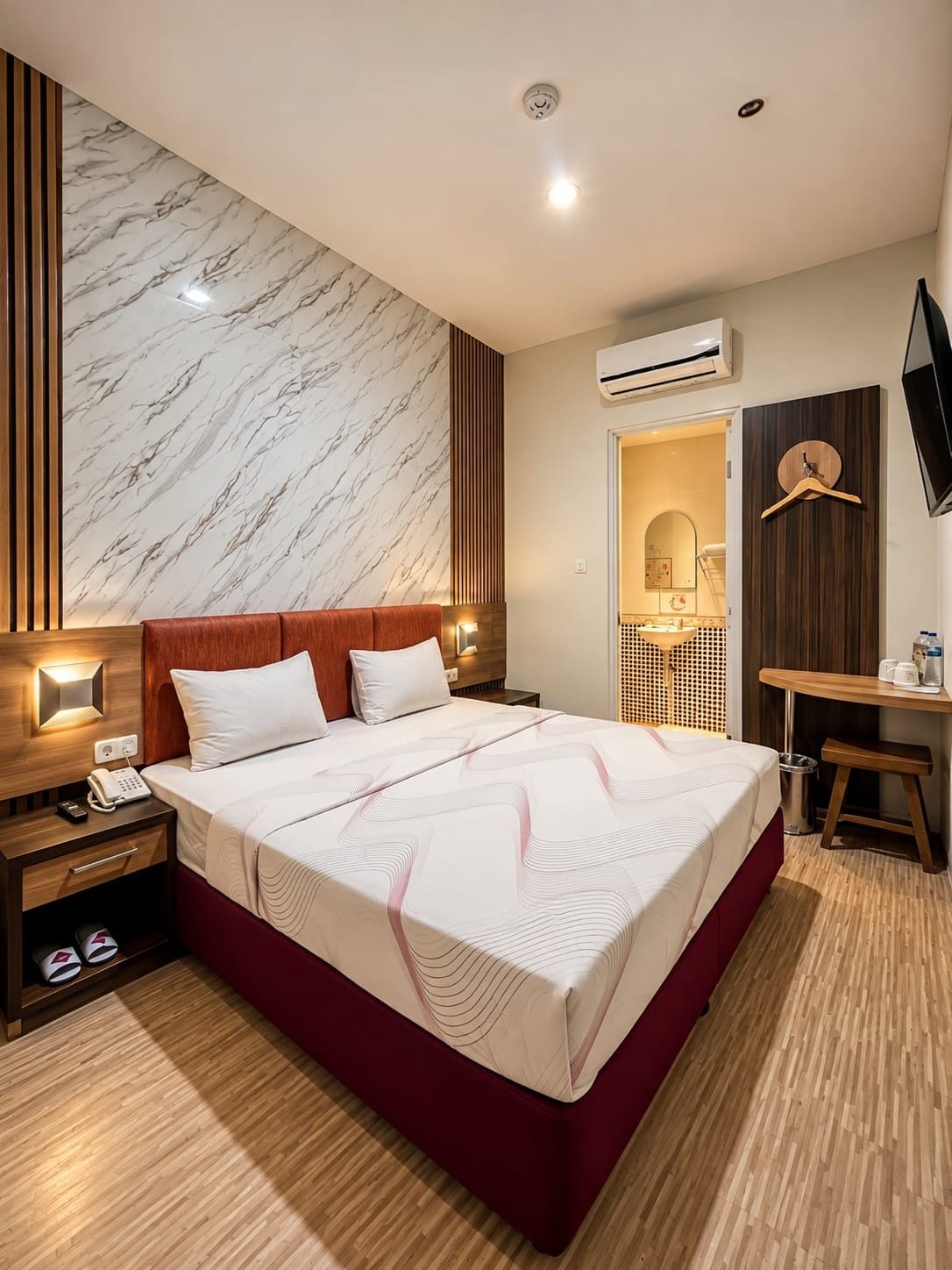 A hotel room with a large bed, a wooden headboard, a bedside table with a phone, a wall-mounted TV, and an air conditioning unit.
