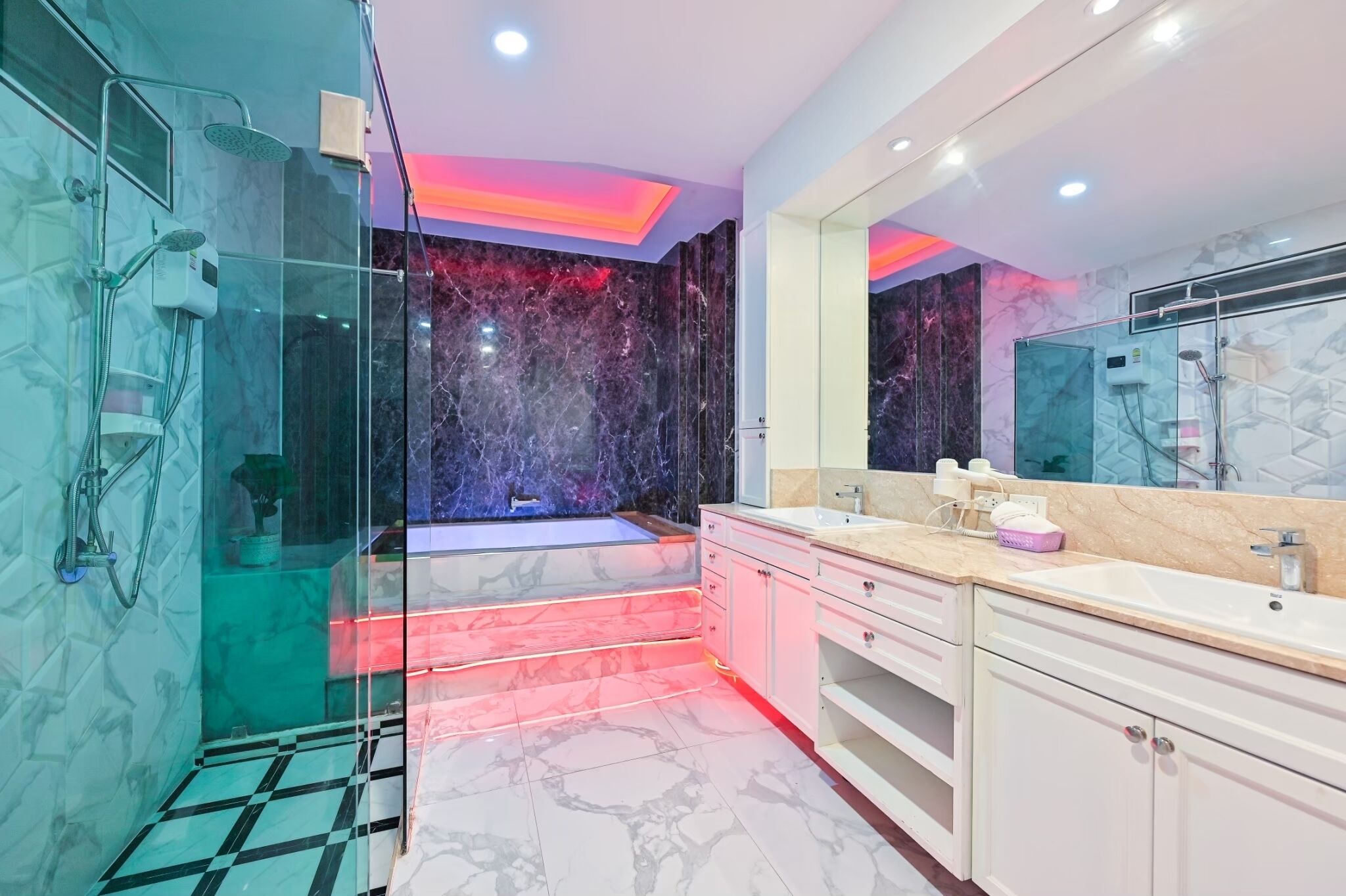 Shower, rainfall showerhead, bidet, towels