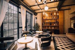 Una sala de estar moderna con una amplia estantería, sofás de cuero y un árbol de Navidad.