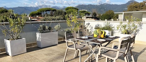 An outdoor patio with a table and chairs, surrounded by potted plants, overlooking a scenic mountain view.