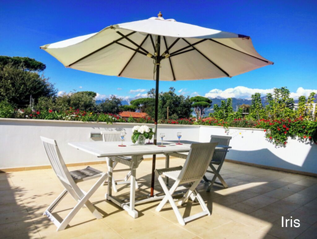 An outdoor patio with a table and chairs, a large umbrella, and a view of the surrounding landscape.