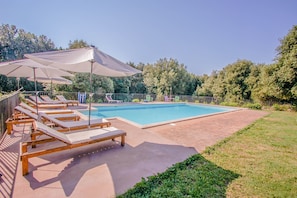 Una piscina rettangolare con bordo piastrellato, circondata da lettini e ombrelloni.