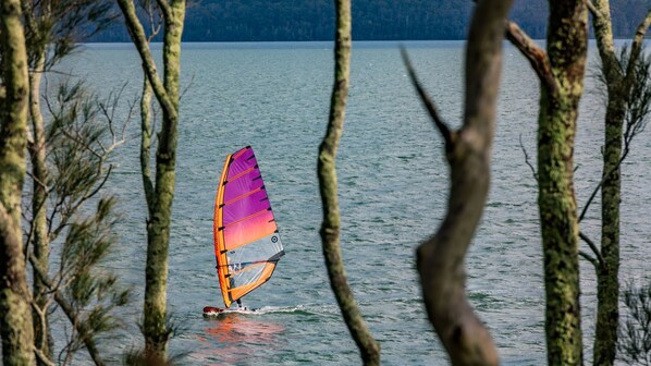 Une personne pratiquant la planche à voile sur un lac, avec des arbres au premier plan.
