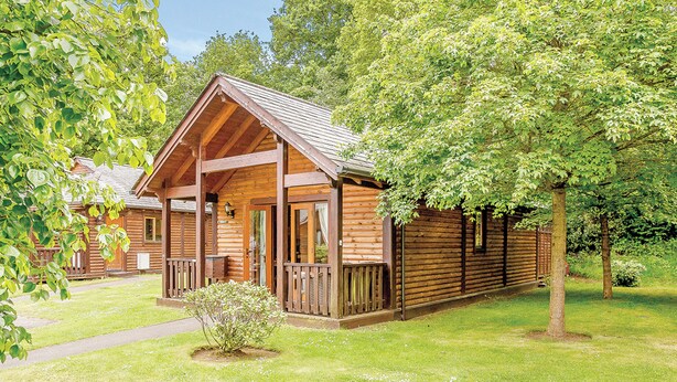 A wooden cabin with a porch, surrounded by trees and grass. - Cobbett Traditional Premier (Tilford, Farnham)