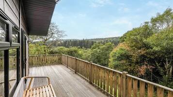 A wooden deck with a view of a forested landscape.