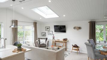 A modern living room with a sofa, a dining table, and a kitchen area with a sink.