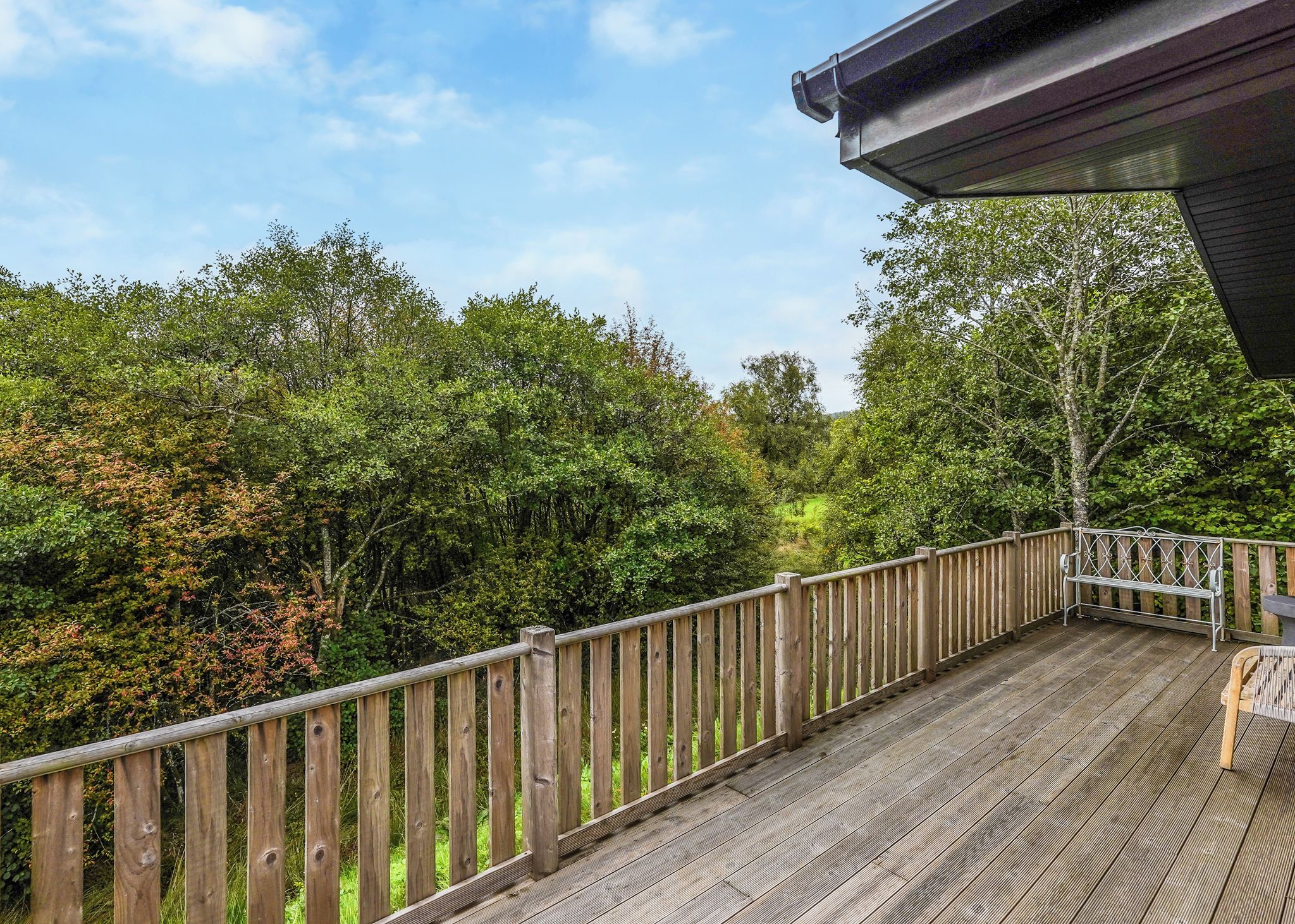 A wooden deck with a railing, surrounded by dense greenery and trees.