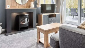 A living room with a fireplace, a television, and a sofa.