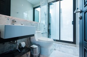 Ducha, secador de pelo, toallas y papel higiénico
