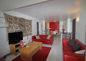 Téléviseur, lecteur de DVD, table de ping-pong, livres