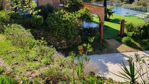 A residential property with a stone wall, a palm tree, and a view of a mountain range. - Villa, (14 p), panoramic view of the hills. Large infinity pool.  (Le Plan-de-la-Tour)