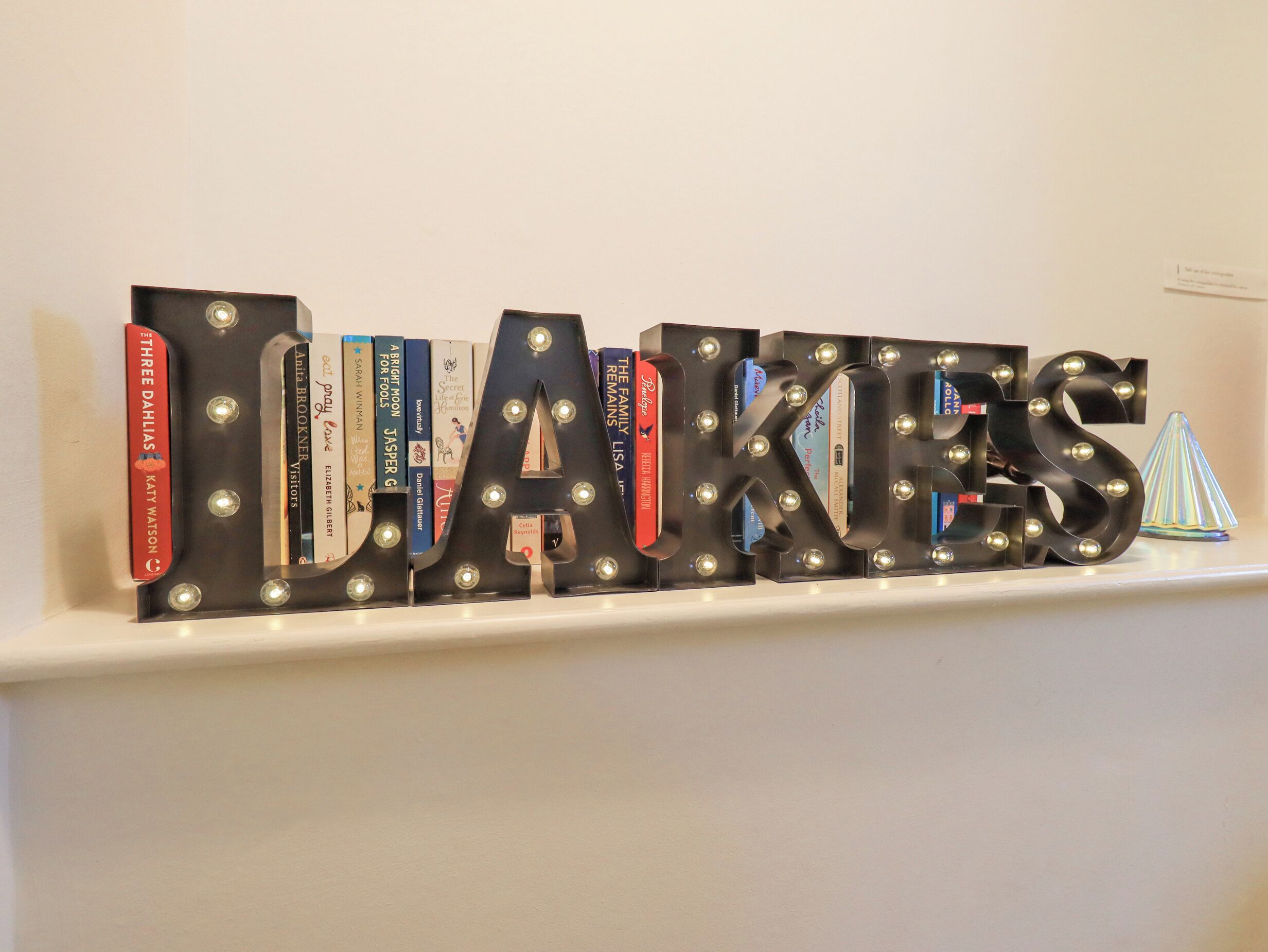 A bookshelf with books arranged to spell out "LAKES".