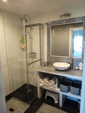 Shower, hair dryer, towels
