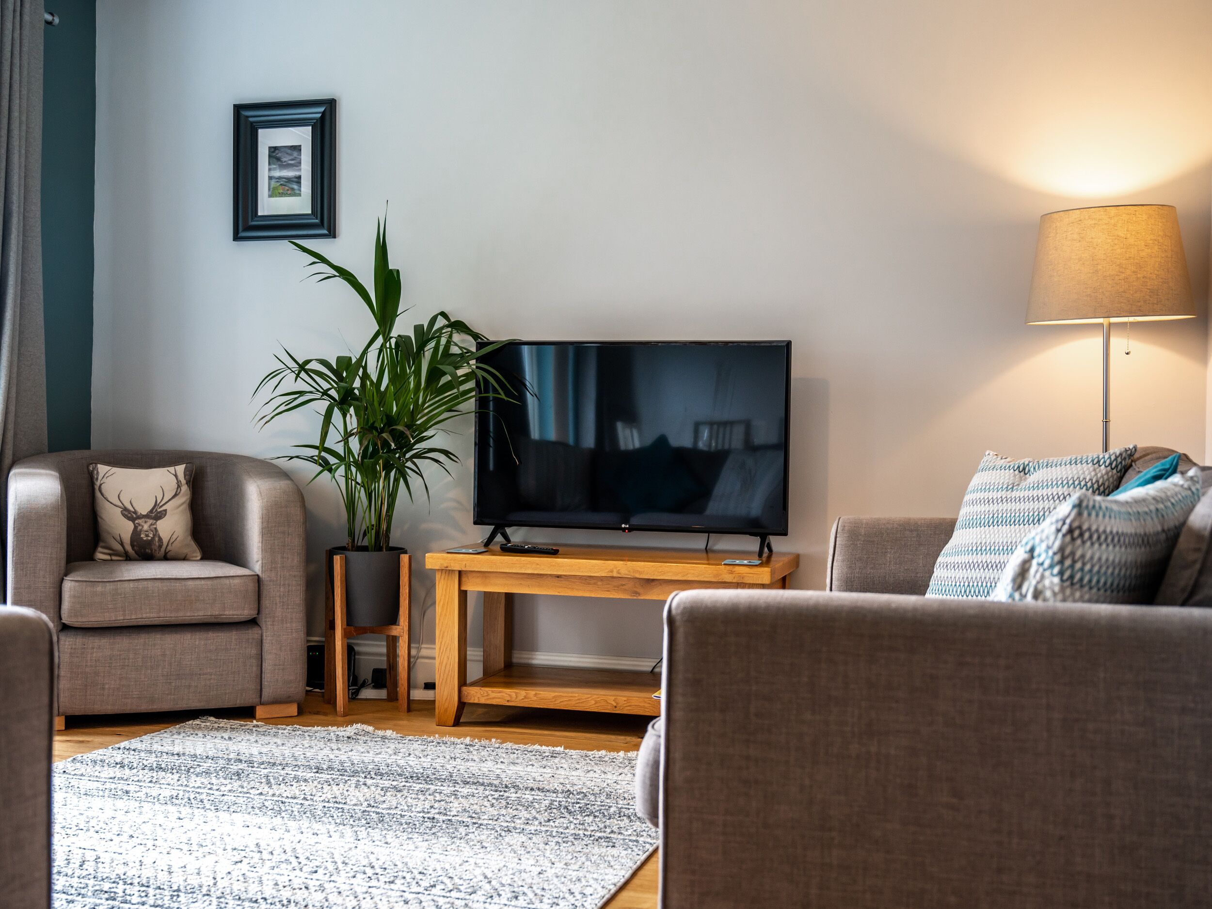 Una sala de estar con televisión, dos sofás, una mesa de centro, una planta y una lámpara.