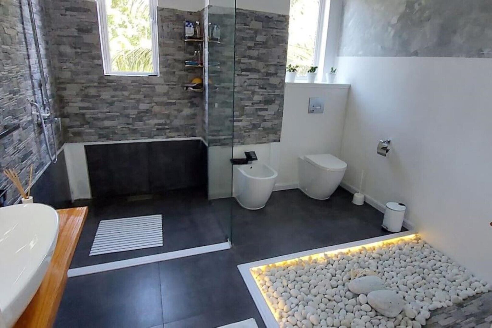 Shower, hair dryer, bidet, towels