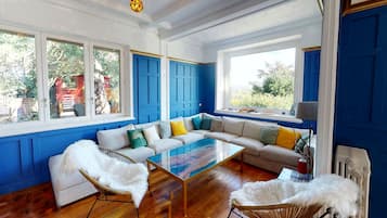 Smart TV, chimenea y libros