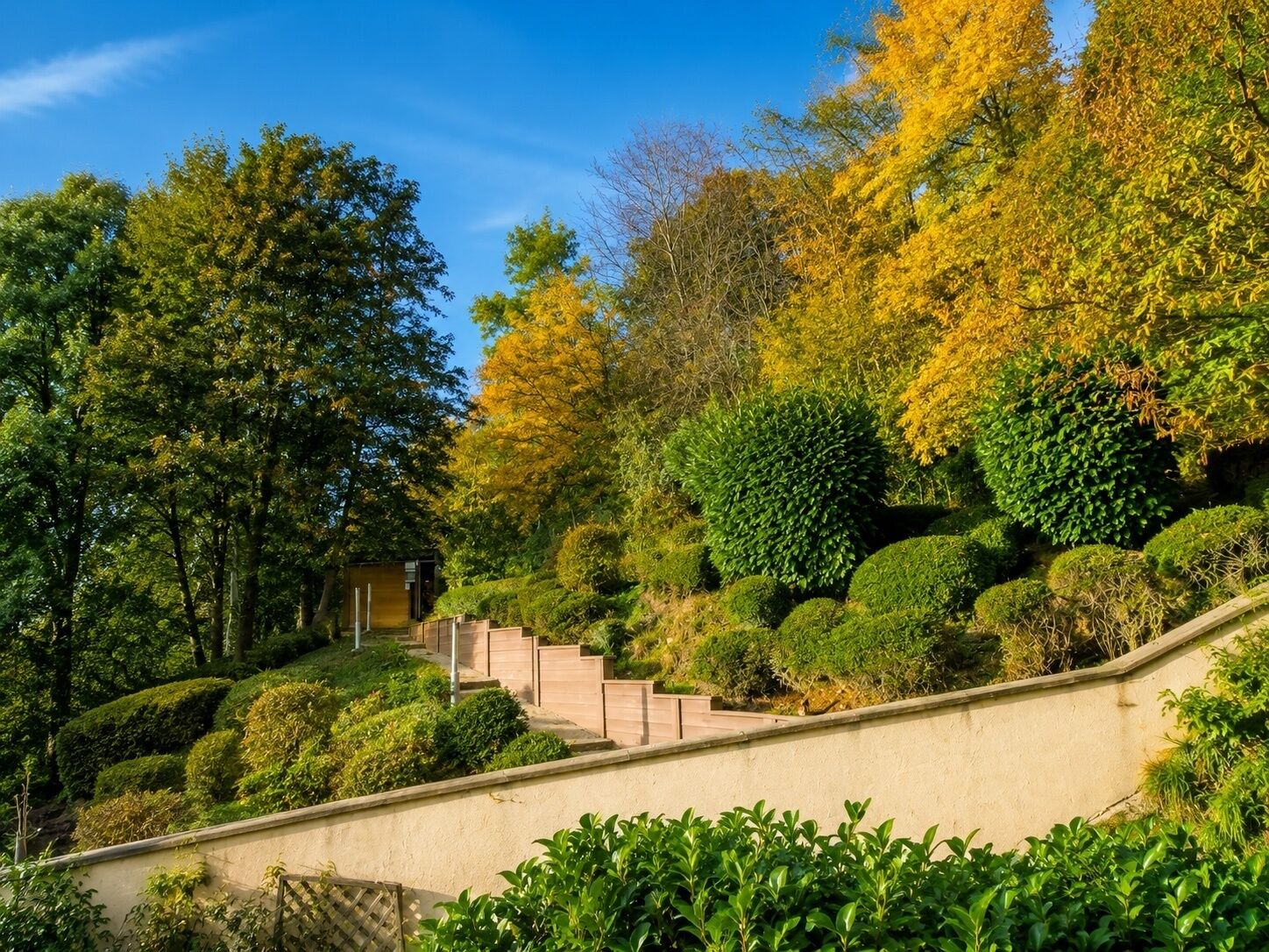 Un jardin aménagé avec un escalier menant à un bâtiment.