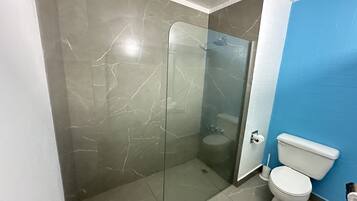 A bathroom with a glass-enclosed shower, a toilet, and a blue wall.