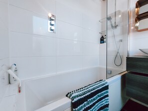 Hair dryer, towels, toilet paper