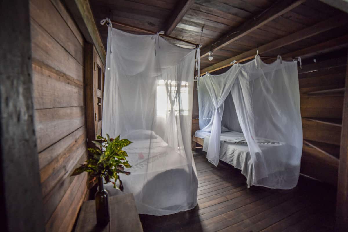 A wooden cabin room with two beds, each covered with white canopies.