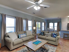 Condo, Multiple Beds, Balcony | Living area | 43-inch TV with cable channels, fireplace