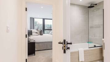 Combined shower/bathtub, hair dryer, towels