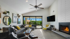 Smart TV, fireplace, DVD player