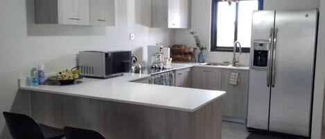 Fridge, microwave, coffee/tea maker, electric kettle