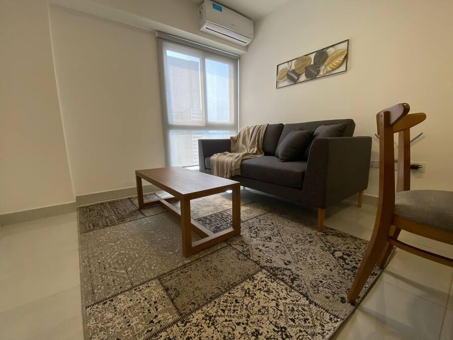 A living room with a sofa, a coffee table, a patterned rug, and a window with blinds.