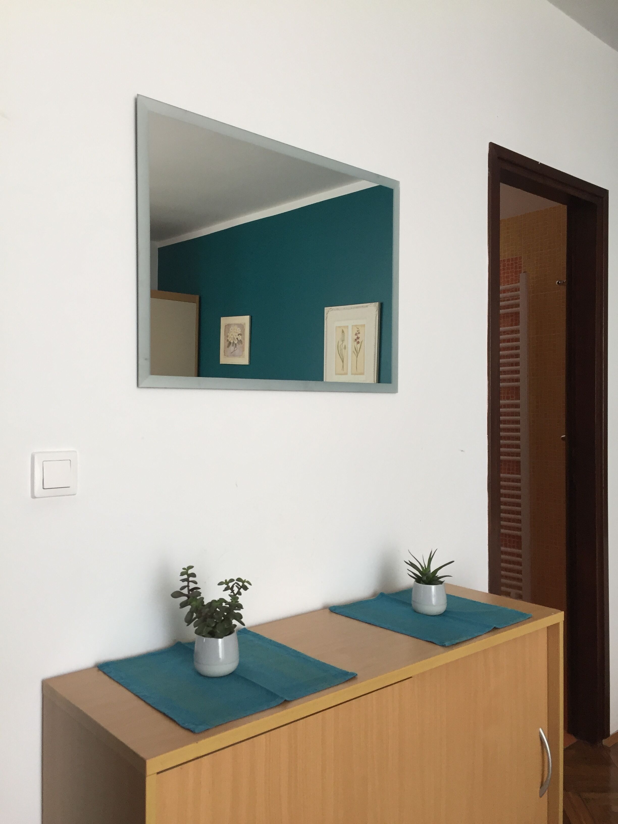 A room with a wooden cabinet, two potted plants, a mirror, and framed botanical prints on the wall.