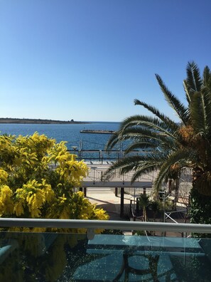 Un balcón con vistas al mar, una palmera y arbustos con flores amarillas.