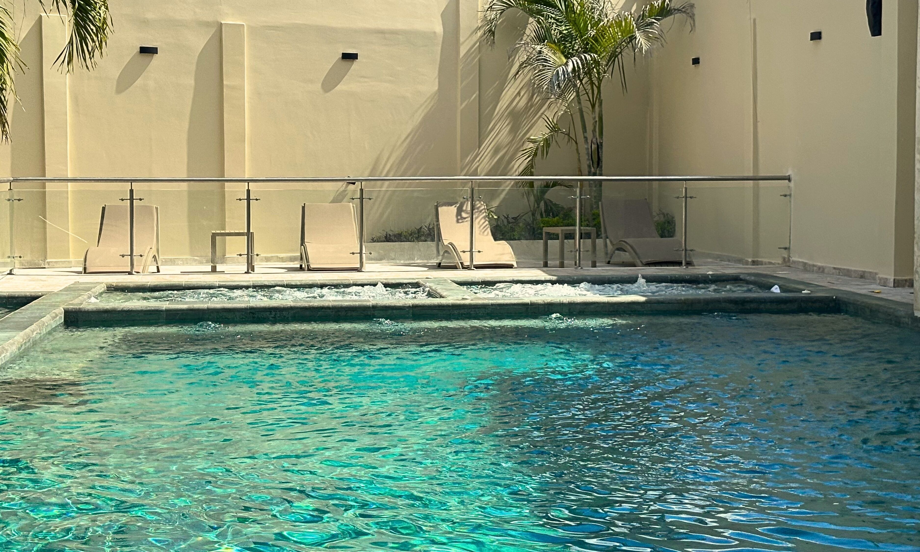 A swimming pool with clear water, surrounded by lounge chairs and a palm tree.