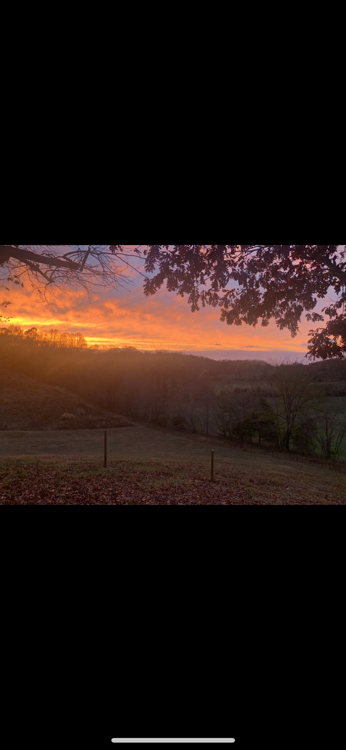 Paisaje rural con atardecer, árboles y una valla.