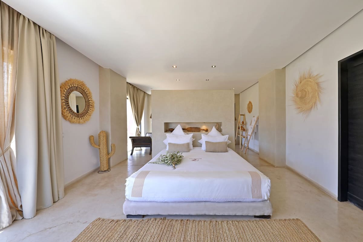 A spacious bedroom with a large bed, a mirror, and a cactus decoration.