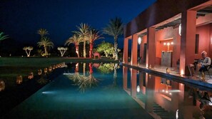 Outdoor pool, pool umbrellas, pool loungers