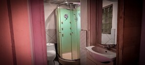 A bathroom with a green shower enclosure, a white toilet, and a pink sink with a mirror above it. - MAYTA CAPAC (Arequipa)